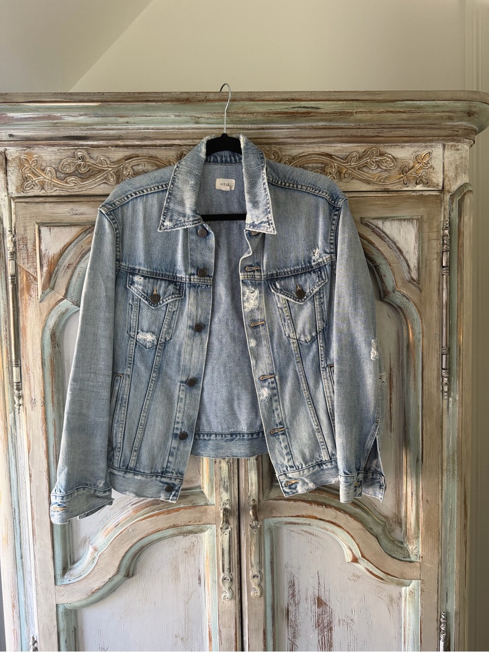 Able Light Blue Distressed Denim Jacket - Women's